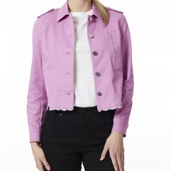 Jones New York Women's sizeXS Pink Lotus Button Denim Jacket with Fringe Epaulet - Picture 1 of 14
